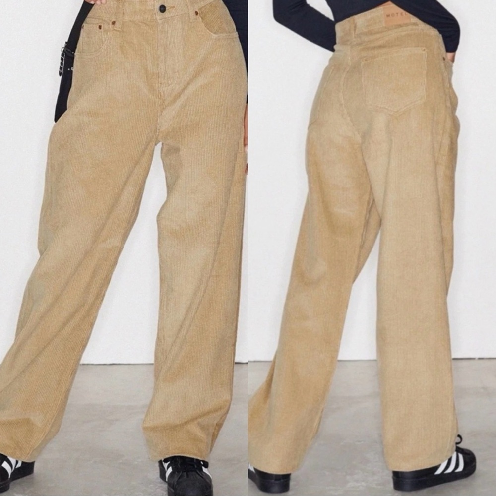 Motel Rocks Beige Corduroy tan wide leg pants, size S casual high rise cottage